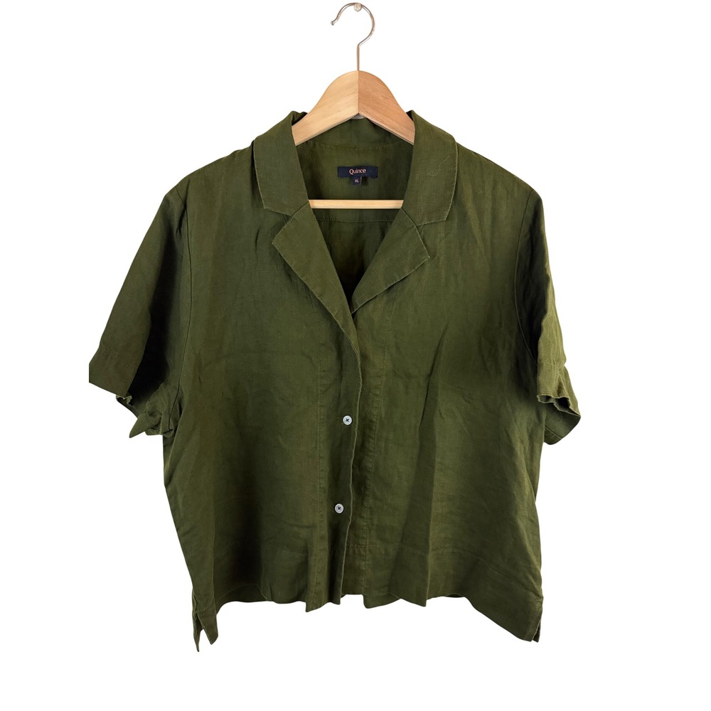 Quince Short Sleeve Button Down Shirt Women XL Green Linen Blend Utility Top
